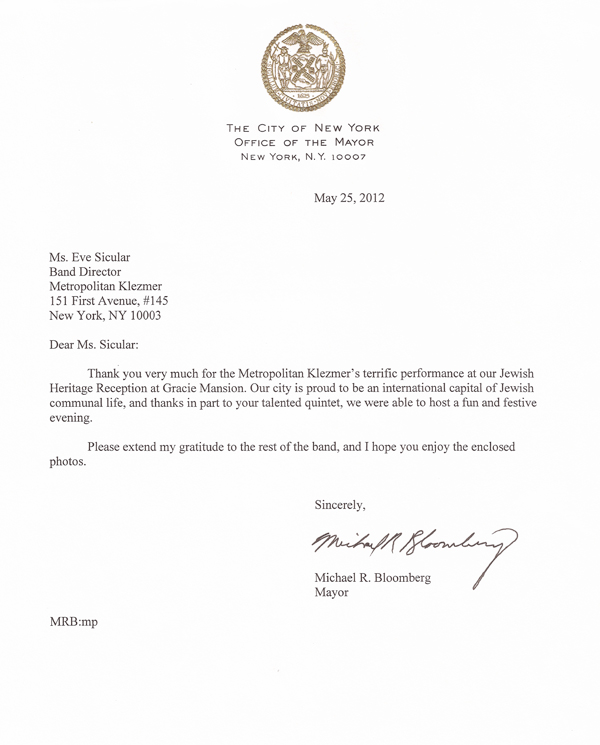 Letter of thanks from Mayor Bloomberg